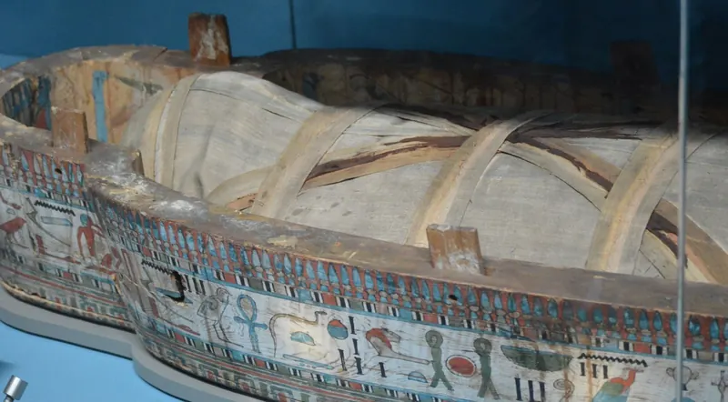 A painted ancient Egyptian sarcophagus on display inside the Egyptian Museum in Cairo
